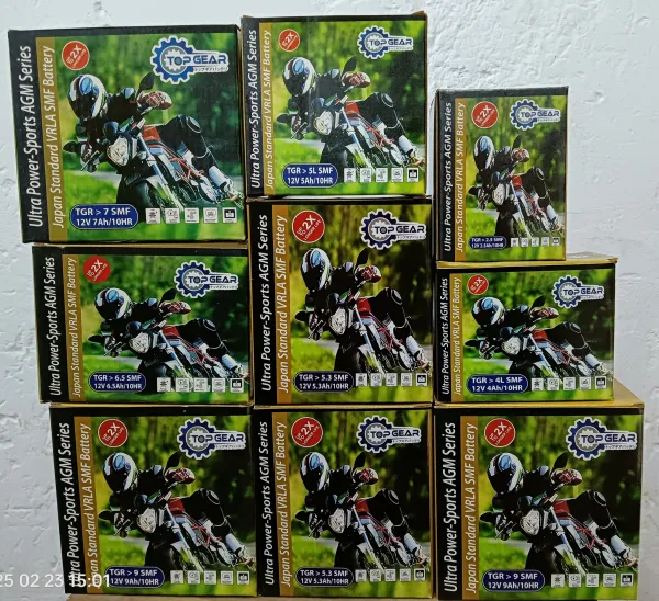 TOP GEAR Battery retail packages arranged as a product range display